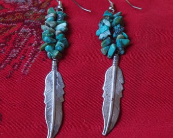 Boho Chic, Organic, Beaded Turquoise Stones, Silver Feathers, Dangle Earrings, Light and Breezy, Vintage, Western Jewelry