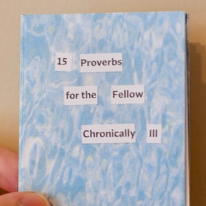 May include: A blue book with white marbling. The cover has the text "15 Proverbs for the Fellow Chronically Ill" and "Devin S. Turk" printed on it.
