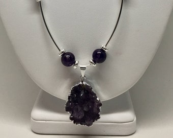 Amethyst druzy silver pendant necklace adjustable length, dark purple raw stone jewelry, gemstone February birthstone pendant