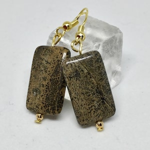 Picture jasper rectangle gold earrings, chunky brown stone jewelry, gemstone earrings