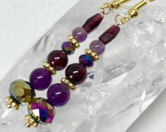 Garnet & amethyst long gold earrings, red and purple stone jewelry, January and February birthstone gemstone earrings