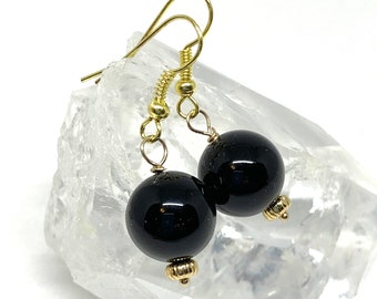 Black onyx gold earrings, black stone jewelry, minimalist jewelry