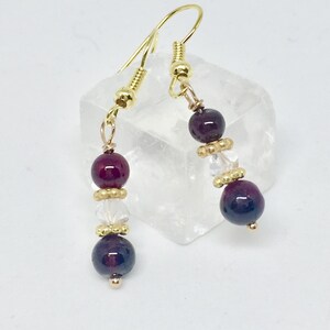 Garnet & Herkimer diamond gold earrings, clear double terminated quartz stone jewelry, January birthstone red gemstone earrings