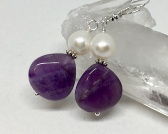 Amethyst & pearl silver earrings, purple stone earrings, February birthstone teardrop earrings, June gemstone earrings