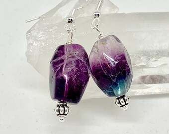 Rainbow fluorite chunky silver earrings,  dark purple pink aqua stone jewelry, gemstone earrings