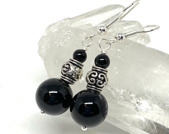 Black onyx silver earrings, black stone earrings