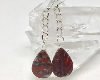 Poppy jasper leaf silver earrings, brick red stone jewelry, brecciated jasper gemstone earrings, Autumn jewelry