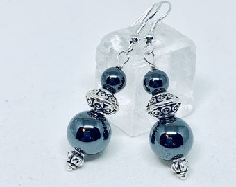 Hematite silver earrings, gray stone jewelry, gemstone earrings