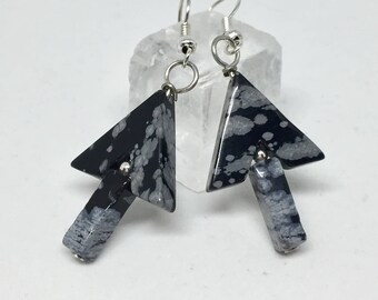 Snowflake obsidian arrow silver earrings, black & white stone jewelry, unusual gemstone earrings