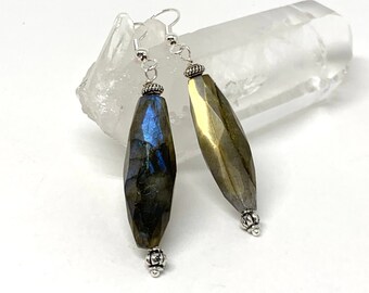 Faceted labradorite marquise silver earrings, blue flash green stone jewelry, unusual gemstone earrings