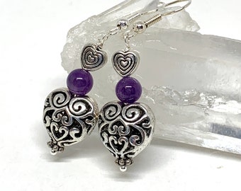 Amethyst silver filigree heart earrings, dark purple stone jewelry, February birthstone gemstone earrings