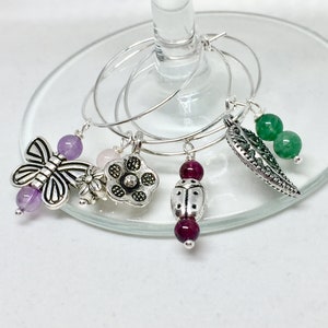 Garden gemstone wine glass charms, amethyst butterfly, garnet ladybug, rose quartz flower, aventurine leaf wine lover gift