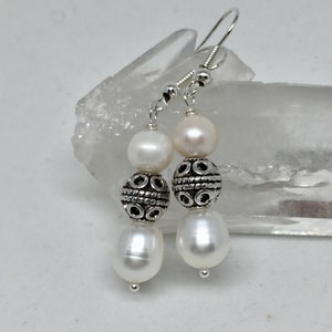 White pearl silver filigree earrings, freshwater pearl June birthstone gemstone earrings
