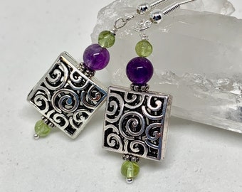 Amethyst peridot square silver filigree earrings, dark purple & green stone jewelry, February and August birthstones, gemstone earrings