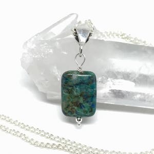 Azurite malachite 925 silver pendant necklace, blue green rectangular stone sterling silver jewelry, gemstone necklace