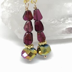 Garnet and glass gold gemstone earrings, January birthstone, red stone jewelry