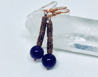 Amethyst long copper earrings, dark purple stone jewelry, long gemstone earrings