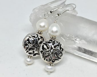 Pearl silver round filigree earrings, stone jewelry, white freshwater pearl June birthstone gemstone earrings