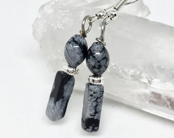 Snowflake obsidian silver earrings, black white stone jewelry, rectangle gemstone earrings