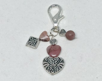 Rhodonite heart silver purse charm, pink stone celtic knot hand bag jewelry, gemstone zipper pull