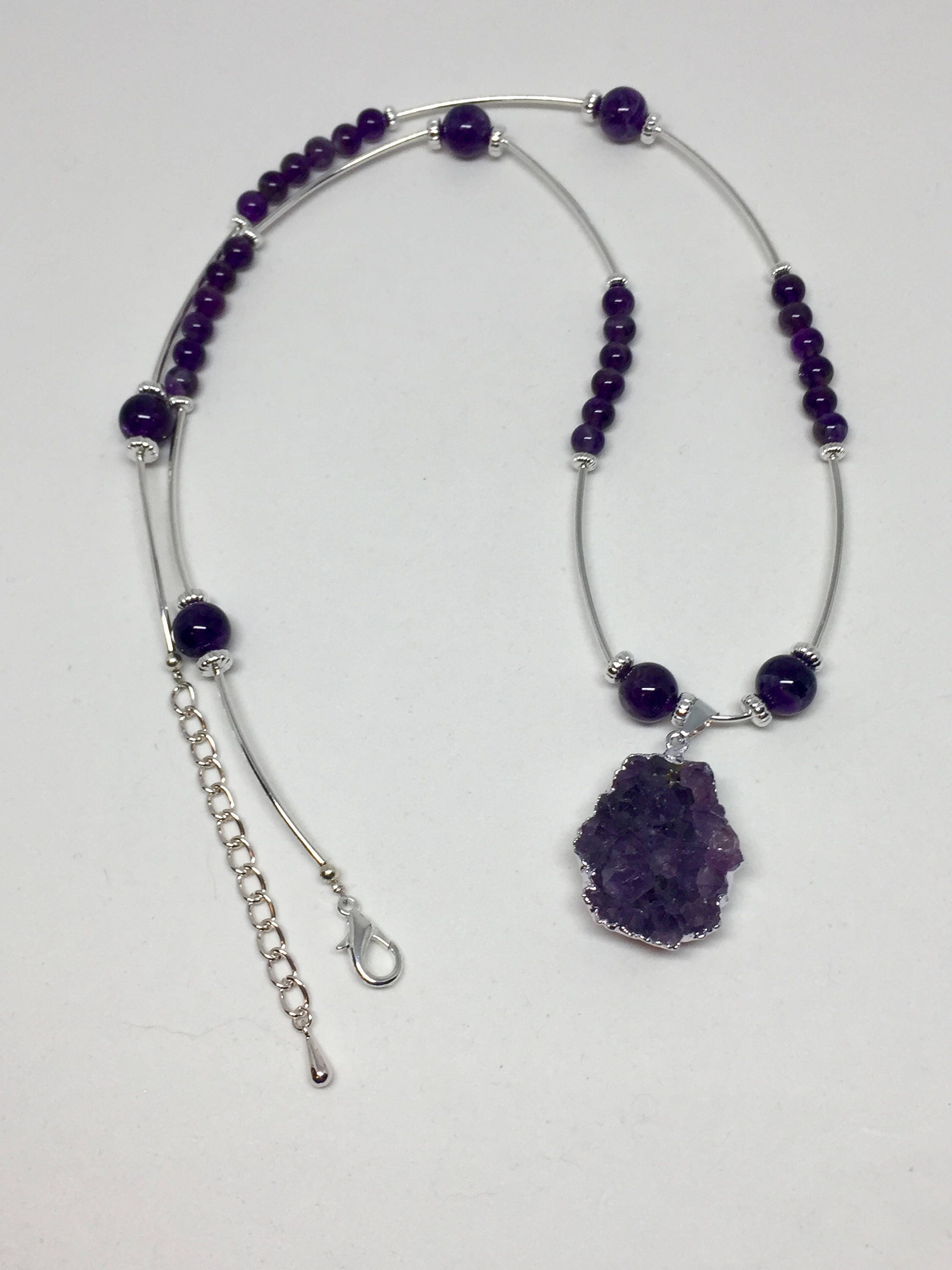 Amethyst druzy silver pendant necklace adjustable length dark | Etsy