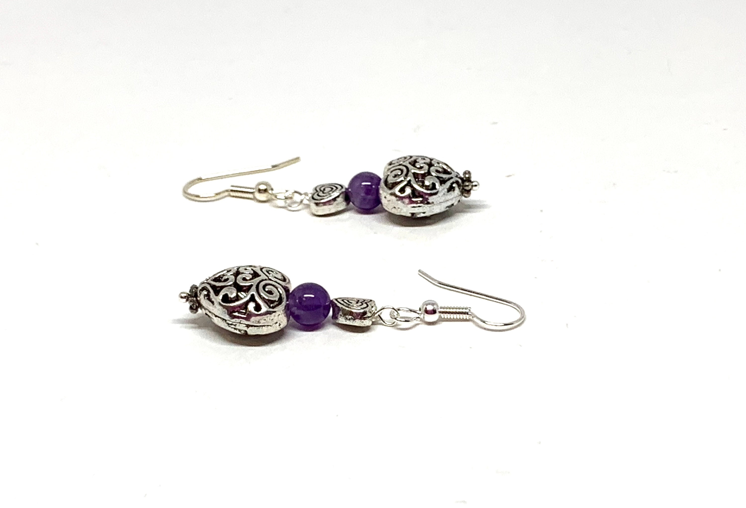 Amethyst silver filigree heart earrings dark purple stone | Etsy