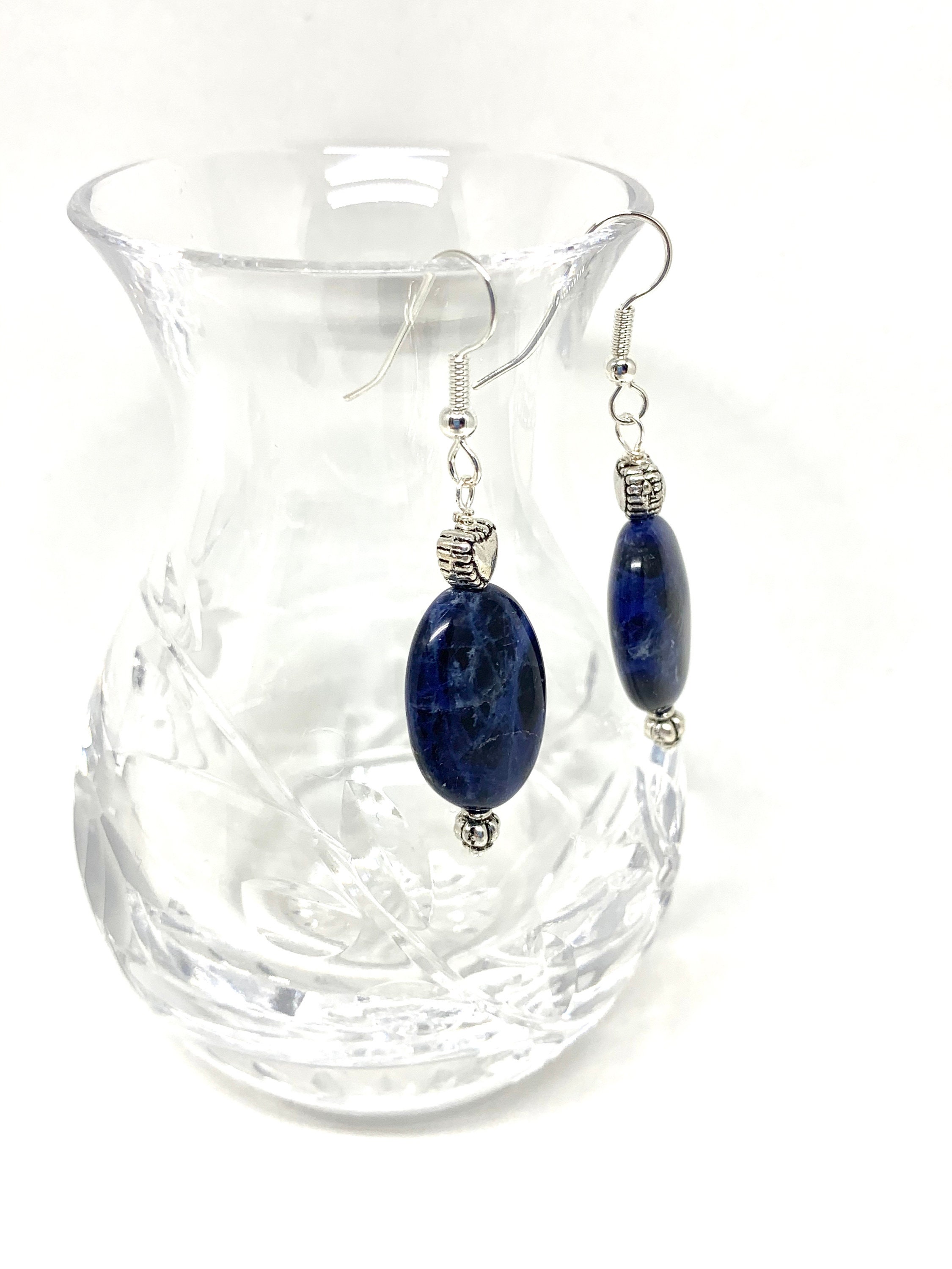 Blue Sodalite Silver Heart Earrings Dark Blue Stone Jewelry Etsy
