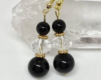 Black onyx gold earrings, black stone and faceted glass jewelry, gemstone earrings