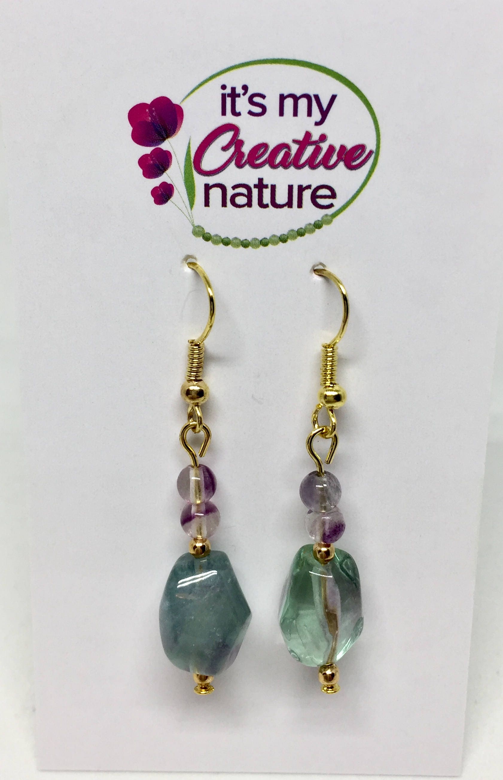 Rainbow fluorite gold earrings green stone jewelry chunky | Etsy