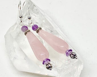 Rose quartz &  amethyst silver earrings, February birthstone pink and light purple stone jewelry,  teardrop gemstone earrings