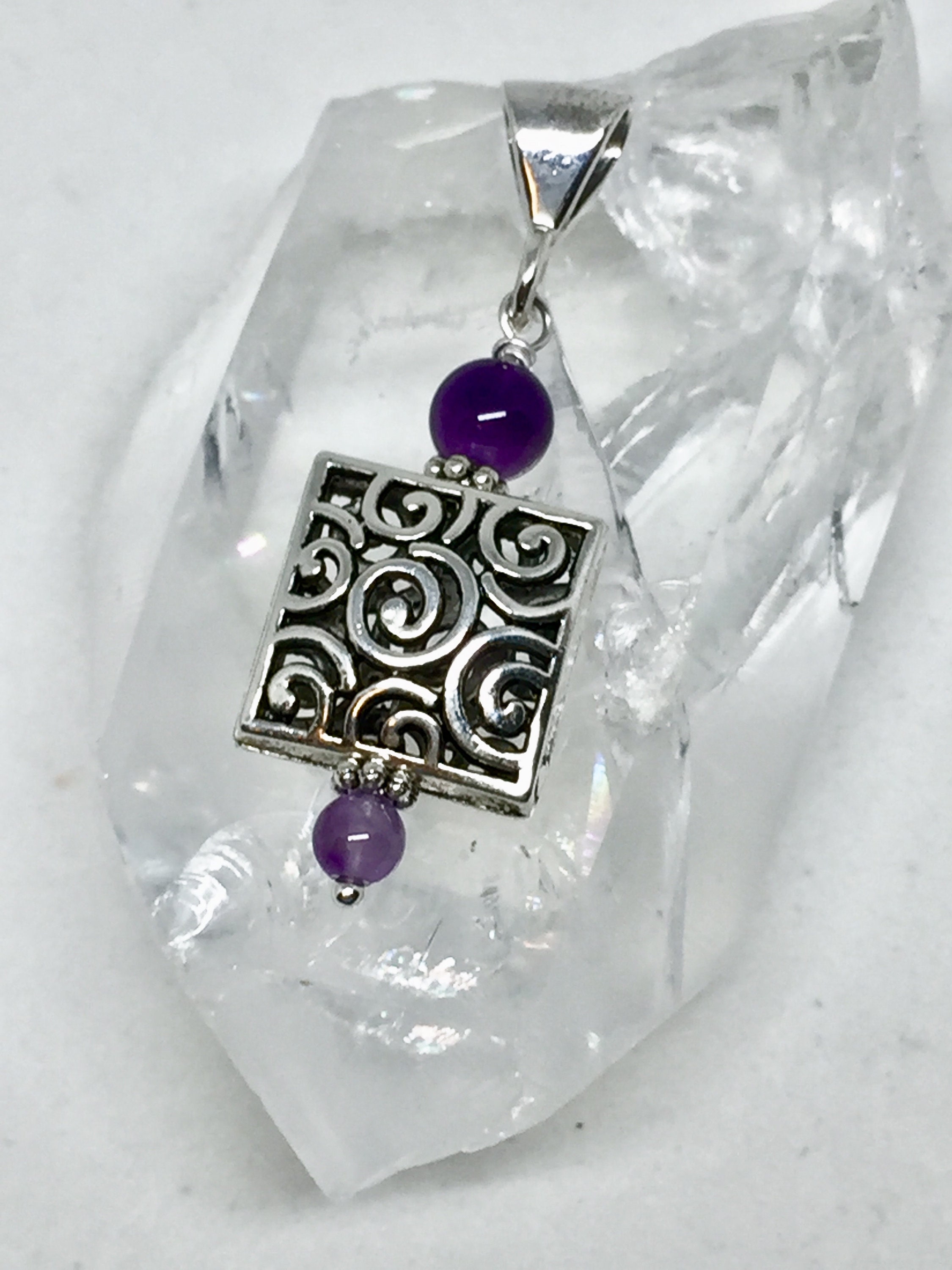 Amethyst silver filigree square pendant February birthstone | Etsy