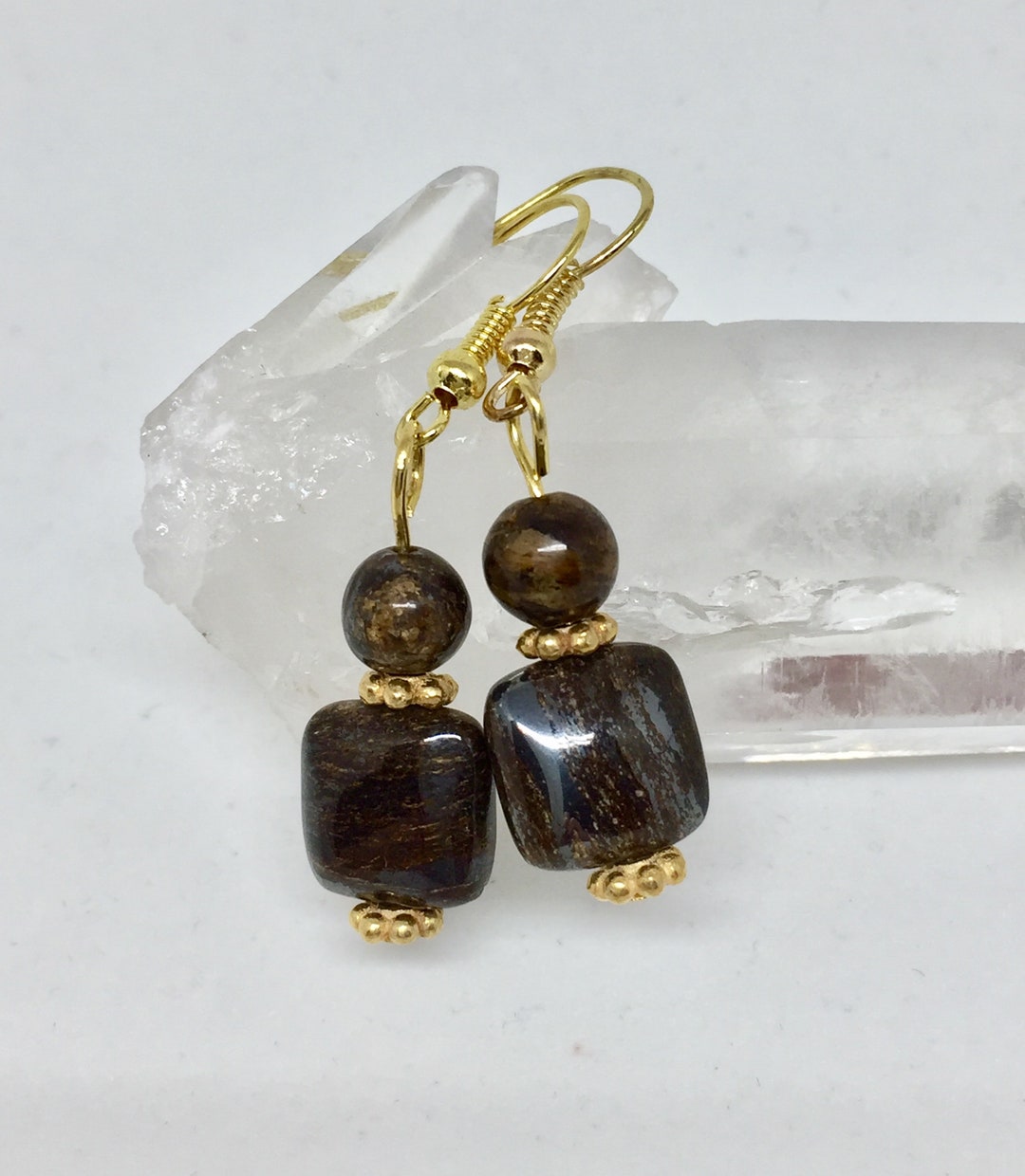 Bronzite Square Gold Earrings Brown Stone Jewelry Gemstone - Etsy