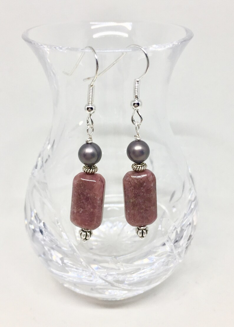 Rhodonite & gray pearl silver earrings pink stone jewelry | Etsy