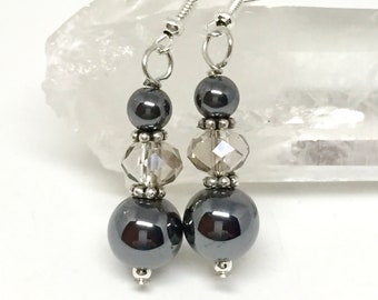 Hematite & gray faceted crystal silver earrings, Gray stone jewelry, gemstone earrings