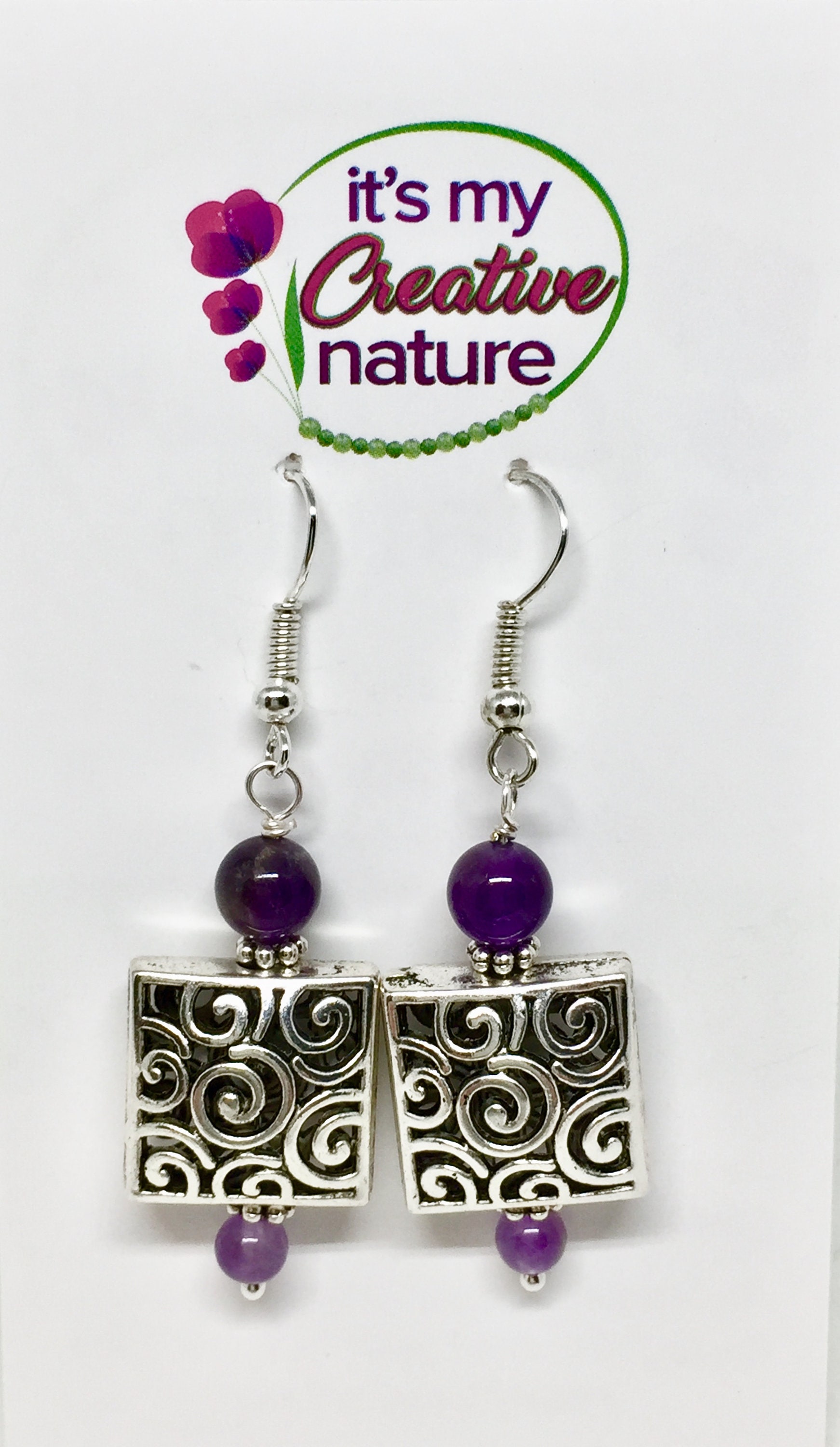 Amethyst silver filigree square earrings dark purple stone | Etsy