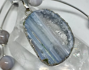 Blue agate druzy pendant Botswana agate silver necklace, adjustable raw stone jewelry, blue gray stone jewelry, gemstone necklace