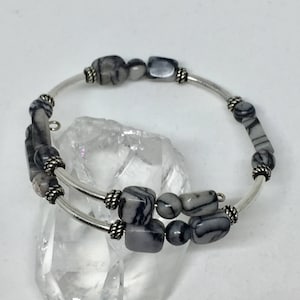 Picasso jasper silver wrap bracelet, black gray stone adjustable memory wire jewelry