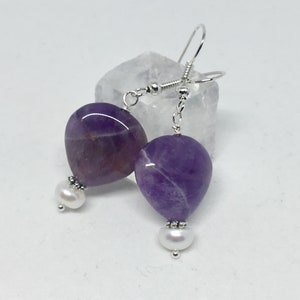 Amethyst & pearl silver earrings, dark purple stone jewelry, chevron amethyst gemstone earrings, February June birthstone