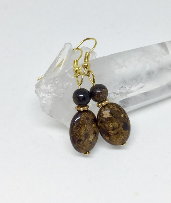 Bronzite oval gold earrings brown healing stone jewelry | Etsy