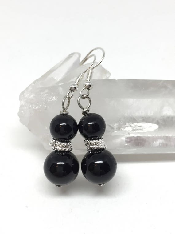 Black onyx silver earrings black healing stone jewelry | Etsy