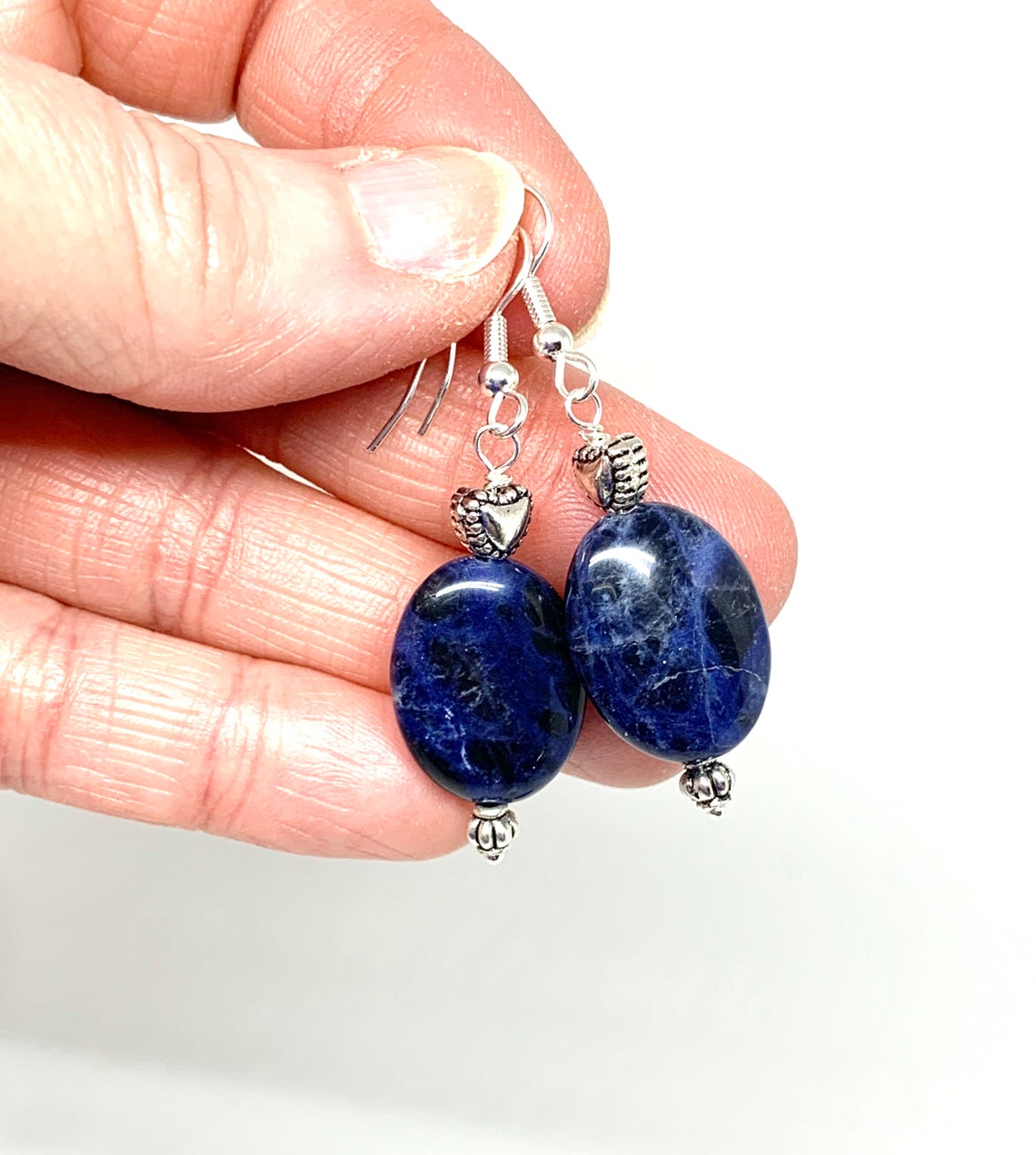 Blue sodalite silver heart earrings dark blue stone jewelry Etsy