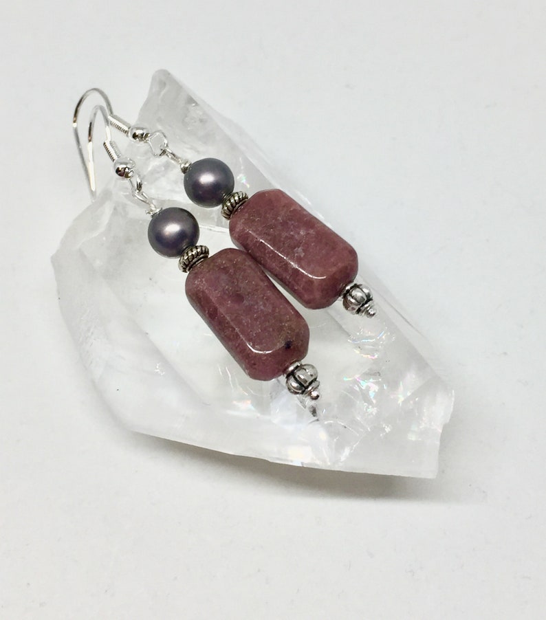 Rhodonite & gray pearl silver earrings pink stone jewelry | Etsy