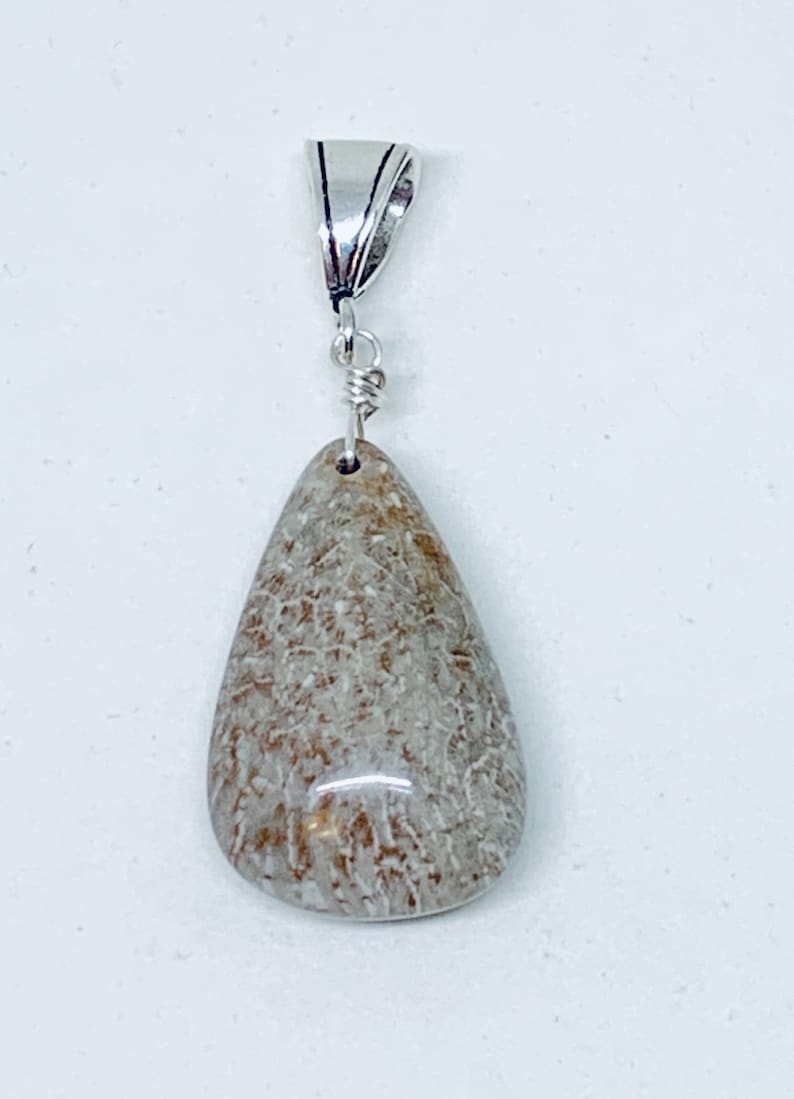 brown stone teardrop jewelry gemstone pendant Fossil coral free form 925 pendant