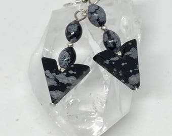 Snowflake obsidian arrow silver earrings, black & white stone jewelry, unusual gemstone earrings