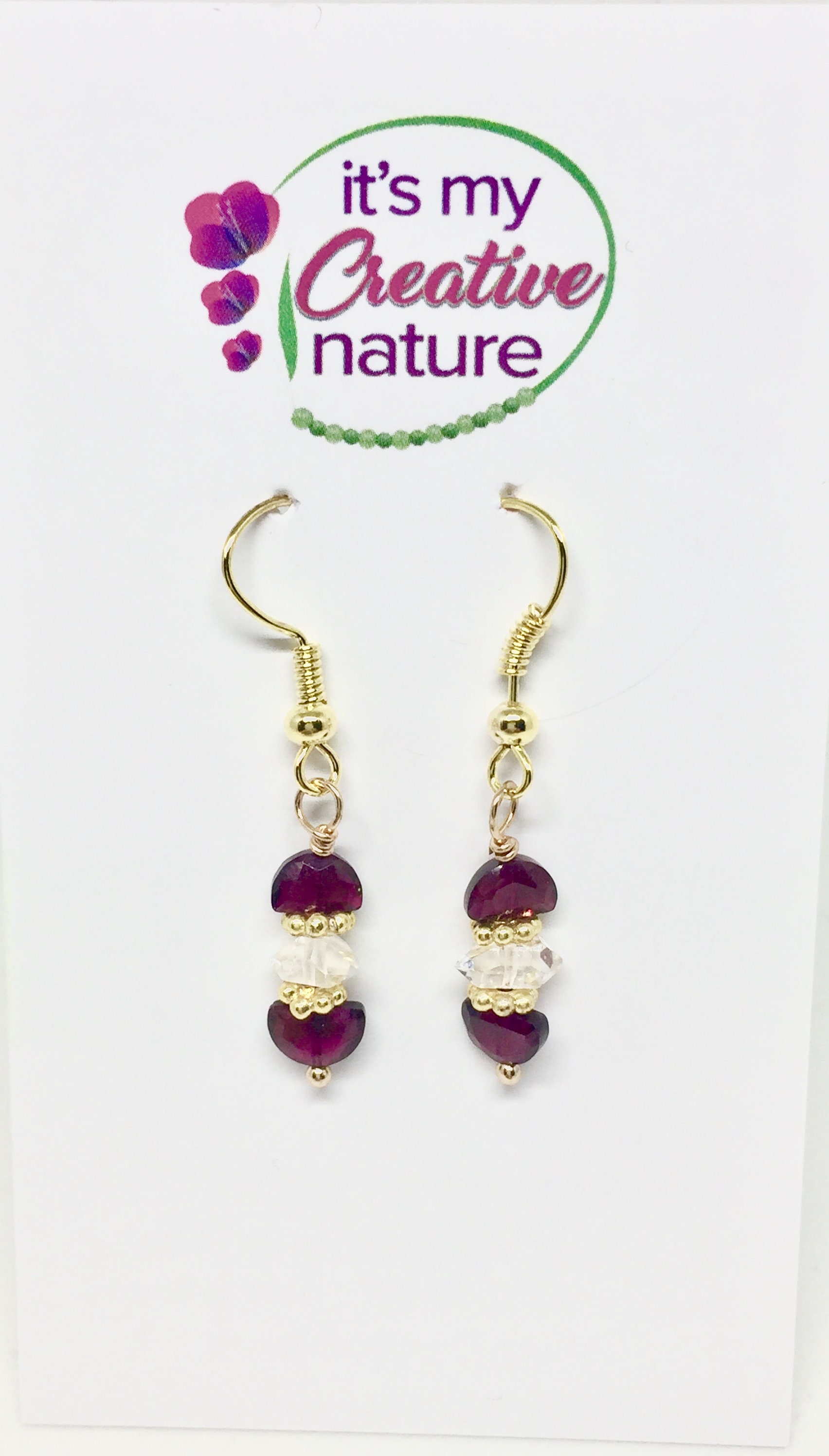 Garnet & Herkimer diamond gold earrings red gemstone | Etsy
