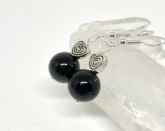 Black onyx heart silver earrings, black stone jewelry