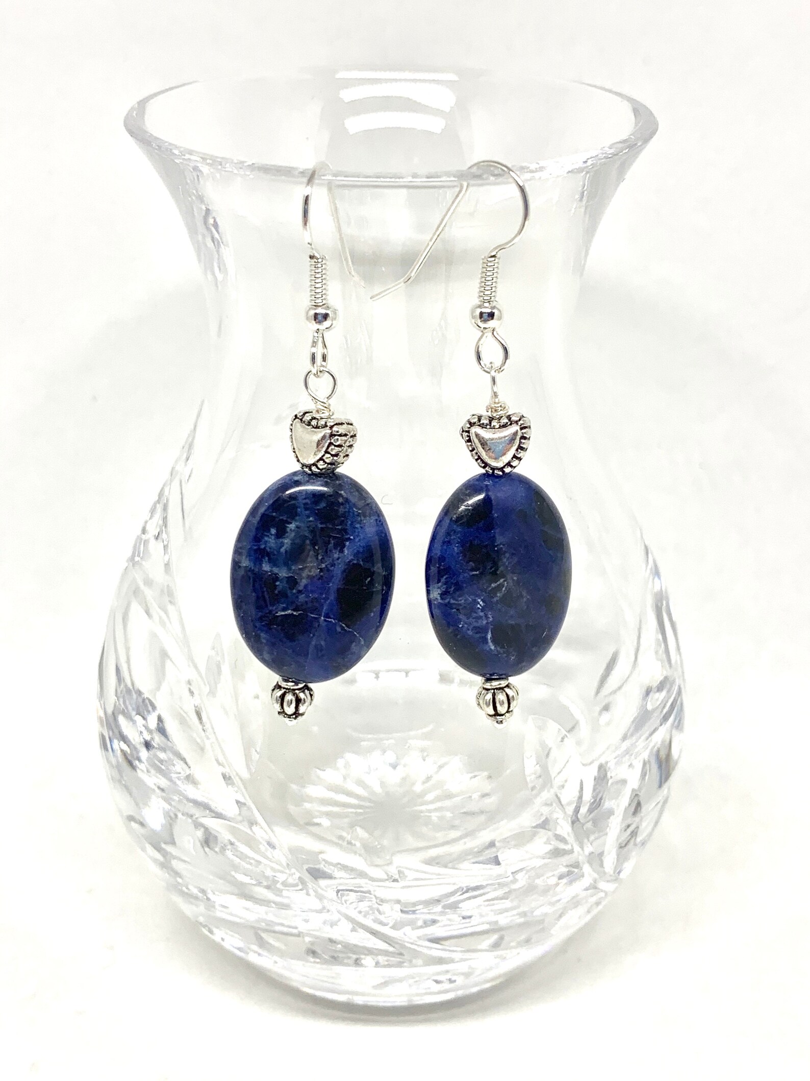 Blue Sodalite Silver Heart Earrings Dark Blue Stone Jewelry Etsy