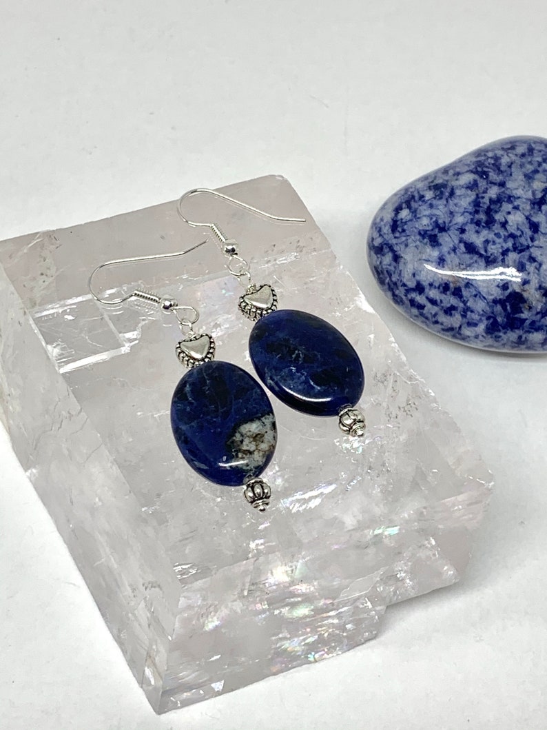 Blue sodalite silver heart earrings dark blue stone jewelry Etsy