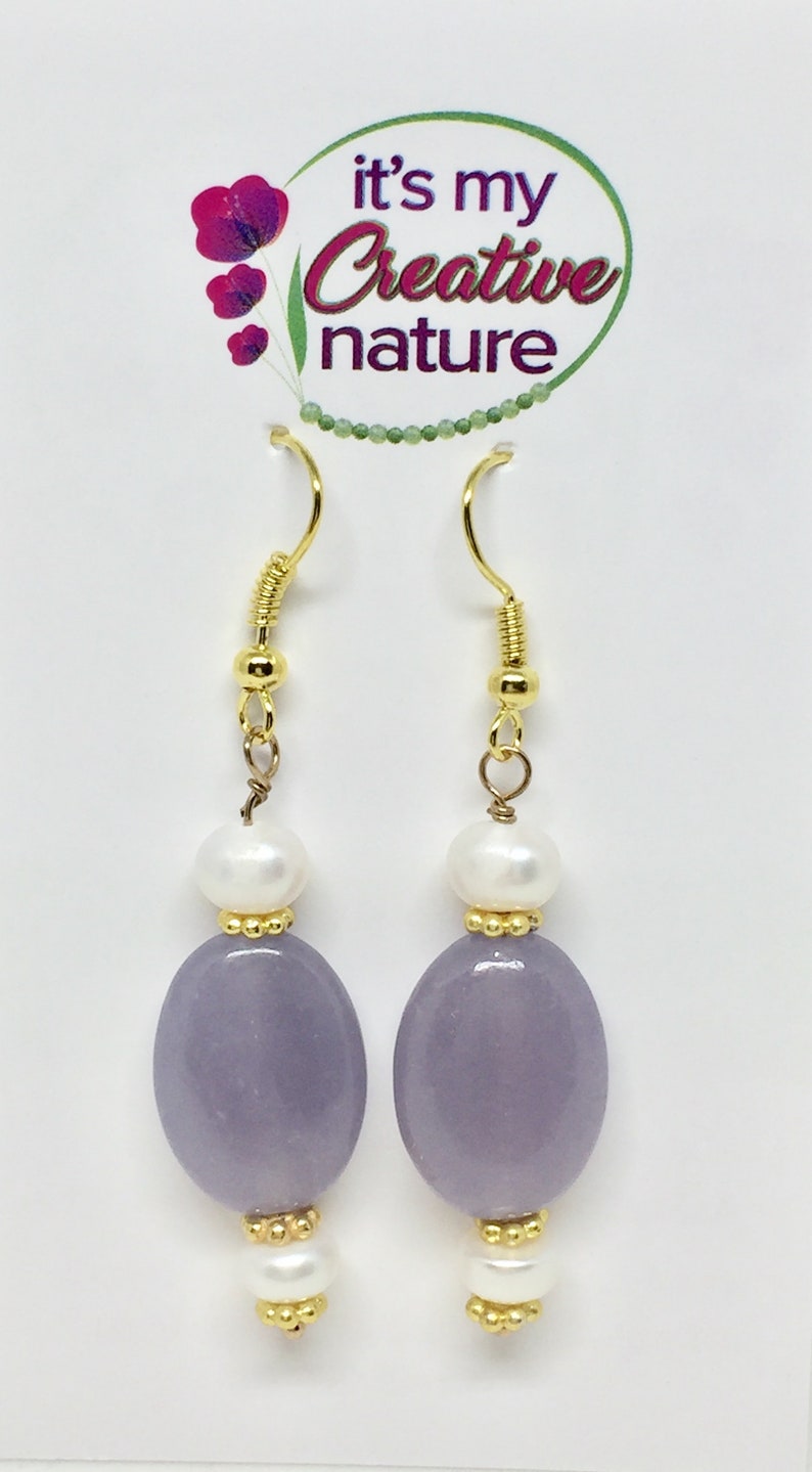 Lilac lepidolite & pearl gold earrings light purple stone | Etsy