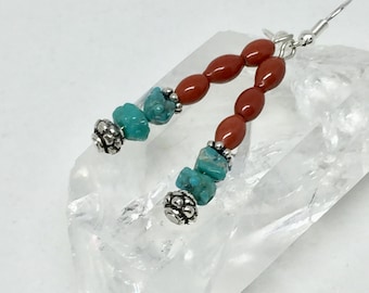 Turquoise & red jasper silver earrings, blue and red stone December birthstone jewelry, gemstone earrings